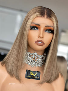 Perruques sans colle personnalisables pour femmes, 100% cheveux humains vierges européens, frontale HD transparente, blond avec mèches, coupe bob droite, brun - Product Image 3