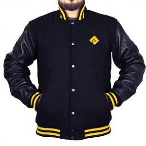 Slim fit winter <b>jacket</b> Fashion outdoor <b>leather</b> sleeves Casual wear lettermen <b>jacket</b> Stand collar front <b>jacket</b> - Product Image 2