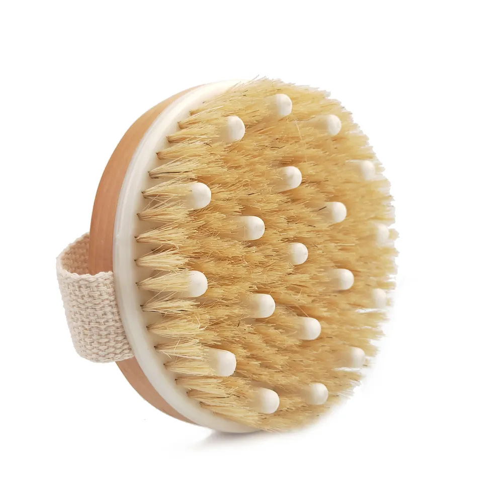 Brosse de massage sèche pour le corps Brosse de bain ronde en bois pour le corps Brosse de nettoyage pour la douche sèche en bois Brosse de bain pour le gommage du corps