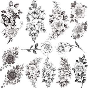 Tatuajes temporales de rosas de flores negras <span class=keywords><strong>para</strong></span> mujeres, pegatinas de tatuaje de boceto de brazo de arte corporal impermeables <span class=keywords><strong>para</strong></span> mujeres y niñas - Product Image 5