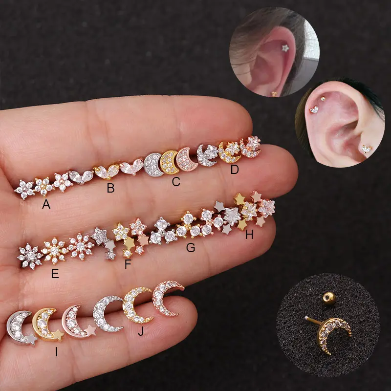 Wholesale Tiny Cz Flower Star Moon Small Cartilage Stud Earring 20g Stainless Steel Tragus Rook Conch Helix Piercing Jewelry