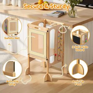 Tour d'apprentissage pliable en bois pour tout-petits, tabouret de cuisine, tour d'apprentissage pour aider à la position debout, sécurisée pour les cours en ligne, réglable avec craie - Product Image 1