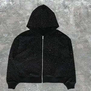 Oem & ODM đầy đủ mặt Zip lên trống Rhinestone người đàn ông áo len áo khoác áo khoác nam zip hoodie với dây kéo