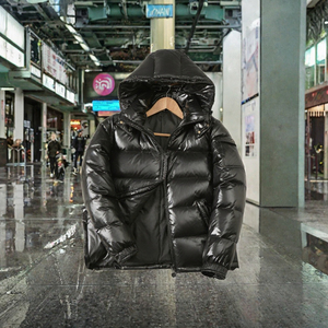 Blouson matelassé en coton noir brillant à capuche unisexe pour moto, manteau décontracté d'hiver zippé coupe-vent en toile coupe régulière - Product Image 3