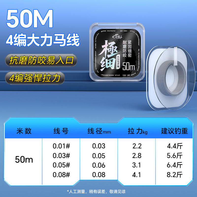 สายเอ็นตกปลา Dyneema ขนาด 0.05 เกจ [50 เมตร] แบบถัก 4 เส้น