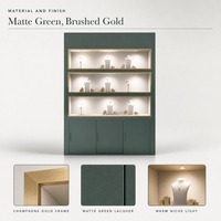 Vitrine murale de luxe vert foncé pour bijoux avec 3 niches rétroéclairées par LED et cadre doré, et armoire de rangement à 3 portes pour boutique