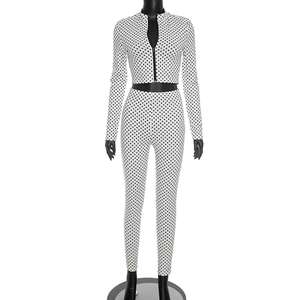 Viviblook J26ST314 Women Outfits Long Sleeved Zipper Cardigan Crop Top Tight Pants Polka Dot Print Two <b>Piece</b> <b>Set</b> - Product Image 2
