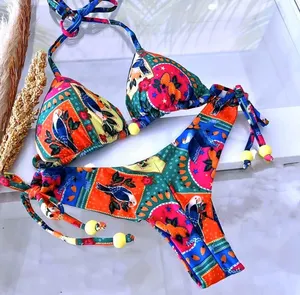 珠子领带结泳衣数码印花性感巴西比基尼女士泳衣