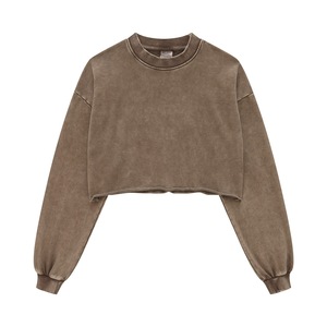 5C caliente mujer sudadera recortada Top ropa 100% algodón francés Terry 380g ácido nieve lavado Vintage cuello redondo mujeres sudaderas - Product Image 2