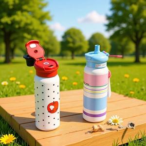 Botella de Agua de Acero Inoxidable Happy Time de 500 ml, Doble Pared Aislada, Portátil, para Exteriores, con Pajita - Product Image 2