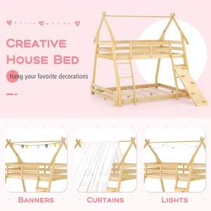 Двухъярусная кровать Costzon Twin Queen в форме домика с сеткой для лазания и защитным ограждением, без пружинного блока, деревянная детская кровать для мальчиков - Product Image 4