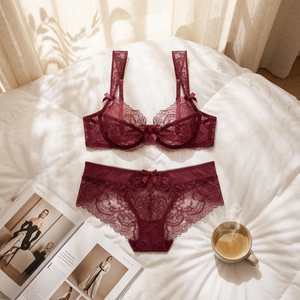 Wholesale Floral Red Lace Lingerie Set Women Underwire <b>Bra</b> and Panty Set Ultra-<b>thin</b> See Through Intimates Plus Size Lingerie Set - Product Image 5