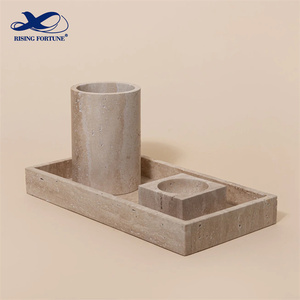 Stonekocc personalizado moderno Wabi-Sabi estilo Vintage Beige mármol travertino bandeja para servir rectángulo Catchall artículos sanitarios Suite - Product Image 5