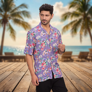 Camisa Hawaiana de Manga Corta con Estampado Floral Morado para Hombre, Cuello Camisero, Transpirable, Ecológica, Anti-UV, Informal, de Viscosa, para Vacaciones de Invierno - Product Image 1