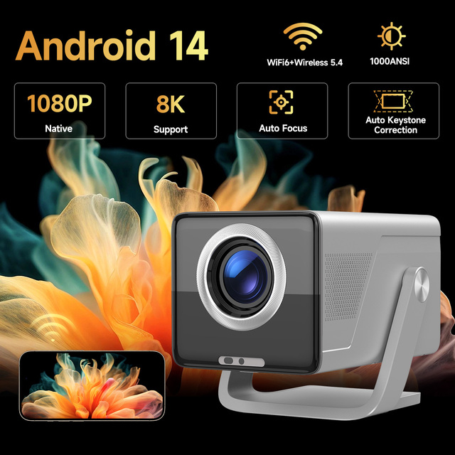 800ANSI WiFi6 BT5.4 LCD LED Outdoor Video Home Theater Projector 8K Support HD 1080P Auto Focus Pocketable 16GB RAM 2GB Storage