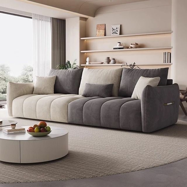 Modern Two Tone Grey Beige Fabric 3 Seater Sofa Oversized Upholstered Couch with Pillows for Living Room Villa Hotel Office