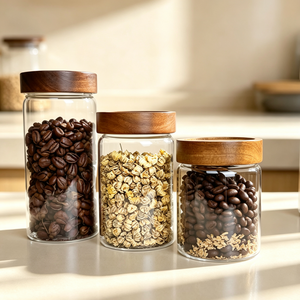 Pot en verre sérigraphié pour la conservation des aliments frais, récipient alimentaire pour la maison et la cuisine, pot à épices, pot à biscuits, pot à thé avec couvercle en bois d'acacia - Product Image 1