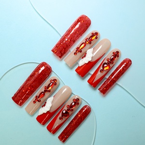 Uñas postizas de acrílico de lujo hechas a mano a precio de fábrica, estilo Y2K con diamantes de imitación rojos, forma ataúd, cobertura completa 3D, puntas francesas, reutilizables. - Product Image 3