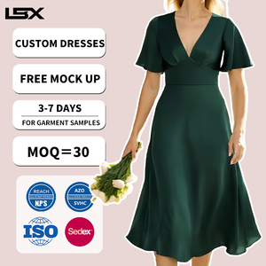 <span class=keywords><strong>Vestidos</strong></span> <span class=keywords><strong>de</strong></span> <span class=keywords><strong>Fiesta</strong></span> Formales <span class=keywords><strong>de</strong></span> Satén con Cuello en V Personalizados, con Abertura y Manga Corta con Volantes, <span class=keywords><strong>Vestidos</strong></span> Elegantes <span class=keywords><strong>de</strong></span> Noche para <span class=keywords><strong>Mujer</strong></span> - Product Image 1