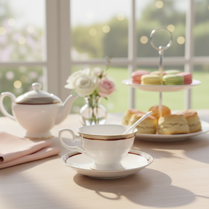 Ensemble é<span class=keywords><strong>l</strong></span>égant de tasses à thé en porcelaine fine avec soucoupes et cuillères, bordure dorée et rouge, écologique, durable, de qualité supérieure, marque HIHUI, portable, luxe, pour hôtel - Product Image 1