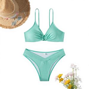 Neuer sexy einfarbiger Bikini-Badeanzug im 2-teiligen Set mit Slips, langlebig gerippt, für den grenzüberschreitenden Großhandel - Product Image 1