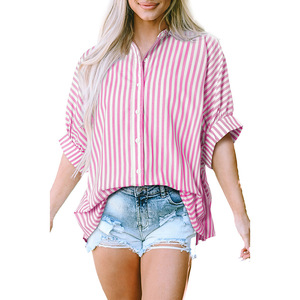 Camisa Oversize de Verano para Mujer 2025, con Rayas Azul Cielo, Encaje Dulce y Lentejuelas, Transpirable, con Logo Personalizado, Venta al por Mayor - Product Image 4