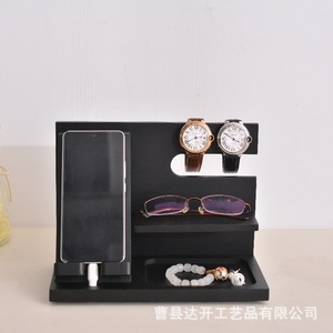 Wooden Desktop Phone Stand Black 2 Tier Charging Holder For Watch <b>Glasses</b> Storage <b>Rack</b> - Product Image 3