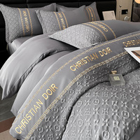 Parure de lit quatre pièces en soie glacée d'été, écologique, durable, de qualité supérieure, motif géométrique, mélange polyester-coton, ultra-douce et soyeuse