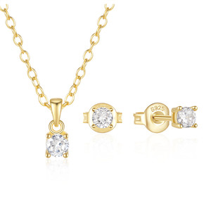 CANNER Korean Simple Four Claw Zircon 18K Gold Plated Sterling Silver Women's Jewelry Set Necklace <b>Stud</b> Earrings Wedding Party - Product Image 1
