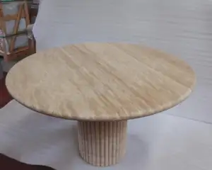 SHIHUI Pedra Natural Móveis Forma Redonda Mármore Bege Matte Mesa Fluted Base Travertino Pedra Mesa De Jantar