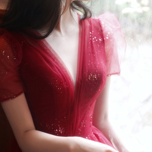 Burgundy Bridesmaid Dress V Neck Mid Length Tulle Sequin Elegant Banquet Wedding Graduation Party Dress - Product Image 3