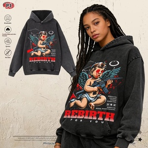 Felpa <span class=keywords><strong>con</strong></span> Cappuccio Invernale di Tendenza, Stile Vintage <span class=keywords><strong>con</strong></span> Effetto Usurato e Stampa, Vestibilità Ampia, Stile Unisex in Cotone - Product Image 1