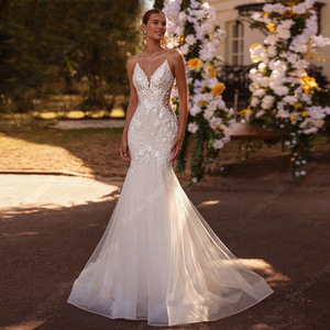 Mermaid Wedding Dress White V-Neck Backless Floral Print Satin Lace Slim Fit Natural Waistline 2026 Style - Product Image 1