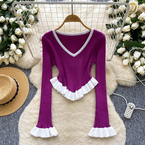 GX0768 Boutique Mode 2025 Herbst Damenbekleidung Lieferant Elegante Sexy Blusen Strick Langarm V-Ausschnitt Irreguläre Tops - Product Image 5