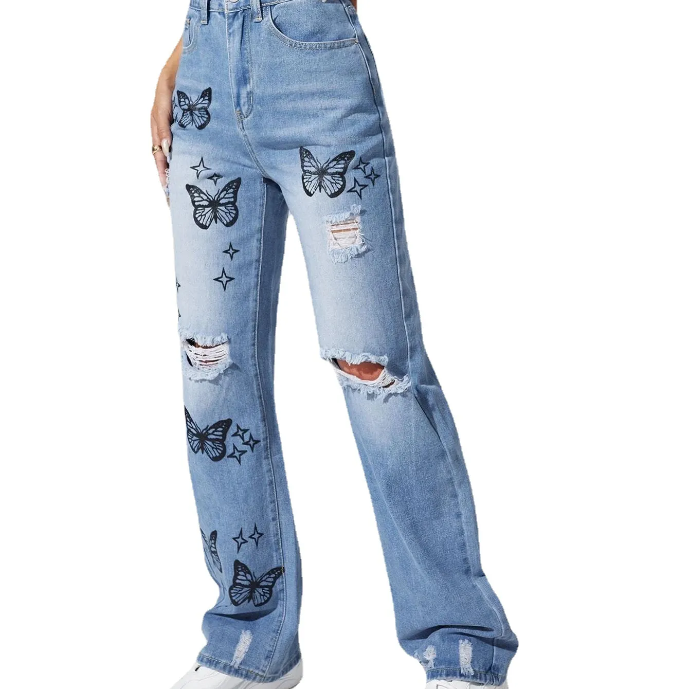 Vendita calda estate moda donna denim pantaloni all'ingrosso di alta qualità personalizzato strappato mamma fit high street wear solido farfalla jeans