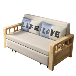 Modern Living Room Furniture 3 Seater Fabric Convertible Folding Sofa Bed With Wooden Armrest
