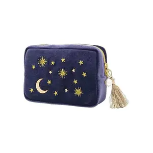 Velvet Embroidered Applique Cosmetic Make Up Pouch Bag With Tassel