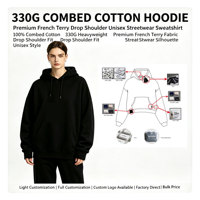 Sweat-shirt à capuche en coton peigné 100% premium 330g avec impression silicone, broderie et DTG, épaules tombantes, plusieurs couleurs