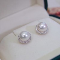 Pendientes de Perlas Halo Redondos de 9mm, Plata 925, Hipoalergénicos, con Circonita Cúbica, Perlas Naturales de Agua Dulce, Libres de Níquel y Plomo, para Piel Sensible, Regalo para Mujer