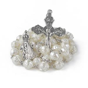 Mode Vintage Religieux Blanc Rose Chapelet Notre Dame <span class=keywords><strong>de</strong></span> <span class=keywords><strong>Fatima</strong></span> Pendentif Croix Baptême Collier <span class=keywords><strong>De</strong></span> Perles pour Femmes - Product Image 4