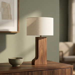 Walnut Wood Table Lamp E27/E26 Bulb Base <b>Wire</b> AC Off-White Fabric Drum Shade Simple Modern Bedroom Desk <b>Light</b> Home Decor - Product Image 5