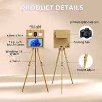 Machine de photomaton rétro avec écran tactile de 15,6 pouces, imitation grain de bois, coque de photomaton DSLR, trépied, coque de photomaton pour selfies