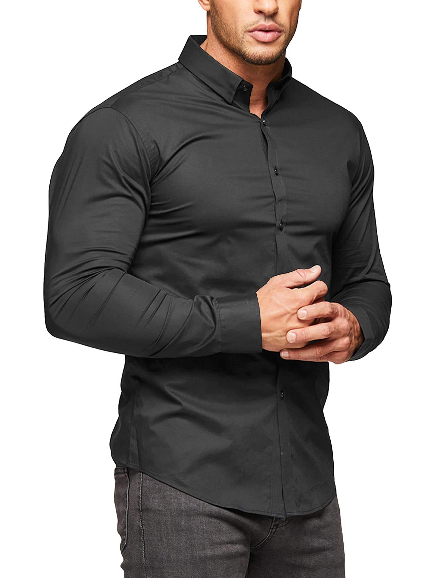 High Quality Mens Muscle Dress Shirts Slim Fit Stretch Long Sleeve Casual Shirts