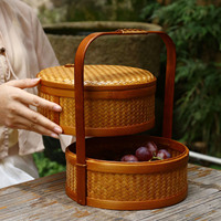 Panier de pique-nique en bambou naturel tressé à la main, style chinois, avec couvercle et poignée, écologique, pour mariage, organisation de collations, organisation domestique, portable