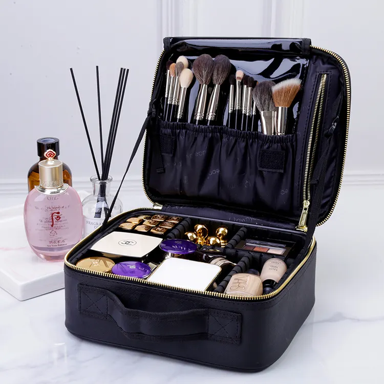 Rownyeon Customized high-quality travel makeup case divider makeup storage bag with zipper and brush strap