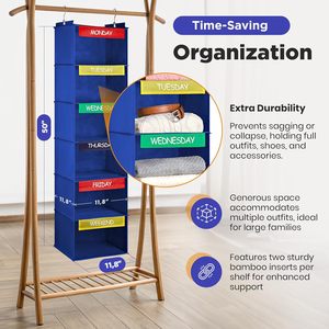 Organizador de ropa colgante de 6 estantes con etiquetas de los días de la semana para almacenamiento en el armario del dormitorio con gancho de montaje de tela no tejida - Product Image 2