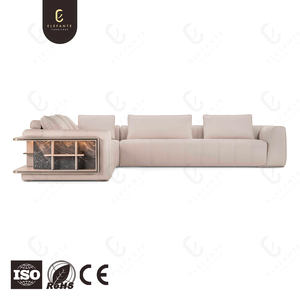 โซฟาหนังไมโครไฟเบอร์สีเบจอ่อนสไตล์โมเดิร์นหรูหรา โซฟาแบบแยกส่วนคุณภาพสูงพร้อมที่เก็บของในมุมและดีไซน์แบบกระดุม - Product Image 4