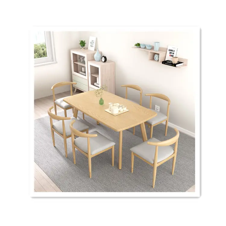 Popular Wood Color Table and White PU/Fabric Chairs Wooden Home Furniture Dining Tables Chair Set