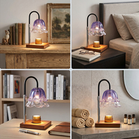 Lampe chauffe-cire électrique à intensité variable en verre violet en forme de fleur avec base en bois, lumière sans flamme pour chambre et maison