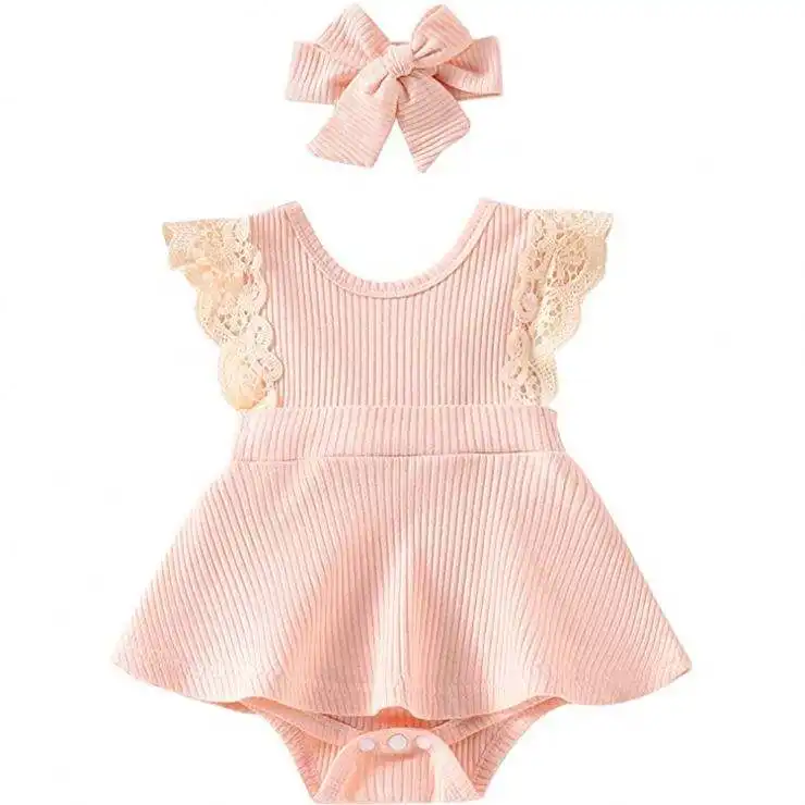 Venta caliente verano princesa mameluco para niñas lindo vestido sin mangas de encaje con punto acanalado Color sólido incluye diadema